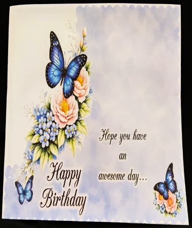 Blue Butterfly & Pink Peonies Card Front – Floral Bouquet, Soft Pastel Background  by Margarette Blakeborough