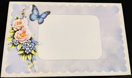 Blue Butterfly & Pink Peonies Card Front – Floral Bouquet, Soft Pastel Background  by Margarette Blakeborough