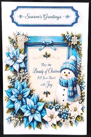 Cute Christmas Snowman Frame Topper with Blue Winter Florals by Margarette Blakeborough
