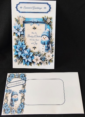 Cute Christmas Snowman Frame Topper with Blue Winter Florals by Margarette Blakeborough