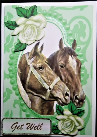 Horses in Bead Frame with Cream Roses A4 by Margarette Blakeborough