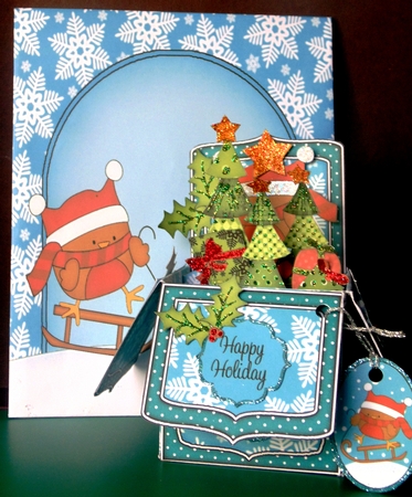 3D Xmas Sledging Bobbin Robin Rubber Band Pop Up Box Card by Margarette Blakeborough