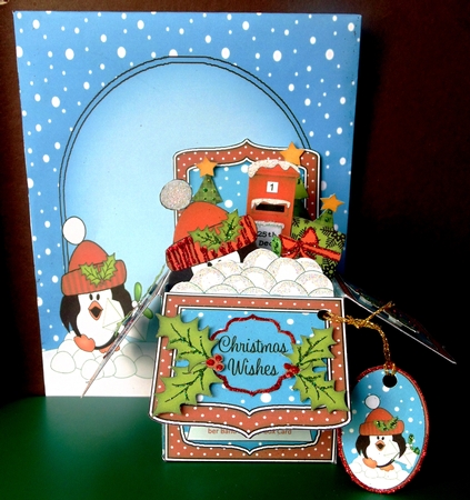 3D Xmas Pip Penguin Letter Rubber Band Pop Up Box Card by Margarette Blakeborough
