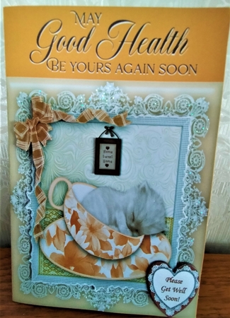 Teacup Kitten in Peach Frame - 8" x 8" Card Topper by Margarette Blakeborough
