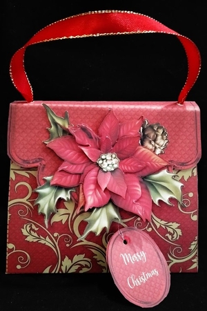 Handbag Gift Box Christmas Red & Gold with Poinsettia Decoup by Margarette Blakeborough