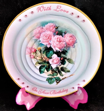 Pink Roses Plate Card & Stand with Pyramid by Margarette Blakeborough