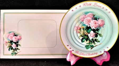 Pink Roses Plate Card & Stand with Pyramid by Margarette Blakeborough