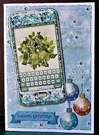 Blue Phone with Christmas Bells, Snowflake and bauble background by Margarette Blakeborough