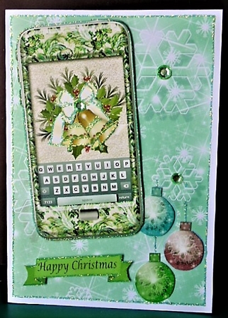 Green Phone with Christmas Bells, Snowflake and bauble background by Margarette Blakeborough