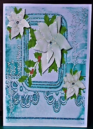 pretty christmas white flowers with blue lace 8x8 by Margarette Blakeborough