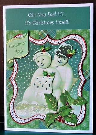 Vintage Christmas Sledding Snowman Couple Quick Card by Margarette Blakeborough