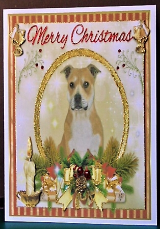 Merry Christmas brown white   Staffordshire Bull Terrier by Margarette Blakeborough