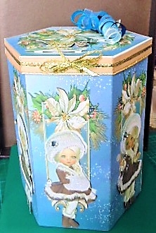 GORGEOUS TALL HEXAGONAL DECOUPAGE BOX - JOY! by Margarette Blakeborough