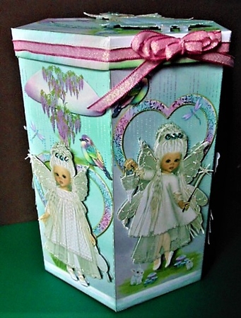 GORGEOUS TALL HEXAGONAL DECOUPAGE BOX - SWEET AS SUGAR by Margarette Blakeborough