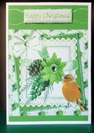 Lovely Robin With  green christmas arrangement and bow on lace 8x8 by Margarette Blakeborough