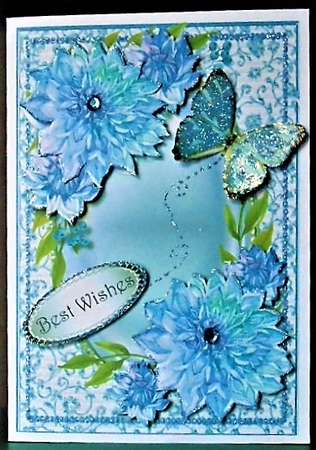 Beautiful Blue Dahlias on a Oval Frame by Margarette Blakeborough
