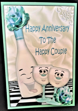 Happy Anniversary to THE HAPPY COUPLE blue roses & toony champagne A4 by Margarette Blakeborough