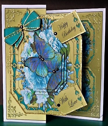 3D Shaped No-Hole Fold Back Pretty Floral Card with Pyramage Mini Kit  -  Butterfly Blues by Margarette Blakeborough