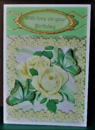 pretty cream roses with lace and satin with  lilac butterflies 8x8 by Margarette Blakeborough
