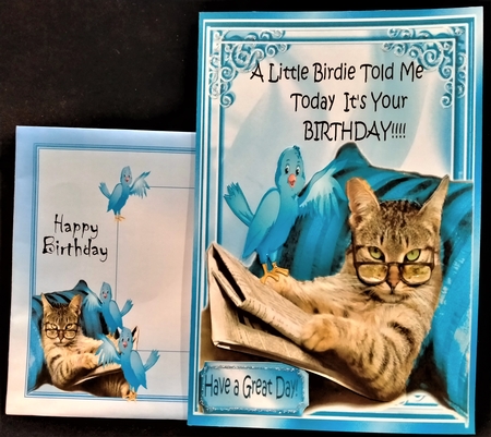 Lazy kitty with blue bird 8x8 by Margarette Blakeborough