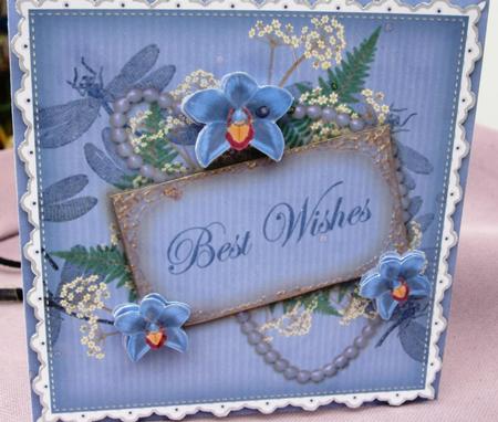 Blue Orchids Best Wishes 8in Vintage Decoupage Topper by Margarette Blakeborough