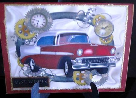 Red Vintage Car in Clock Steampunk Frame by Margarette Blakeborough