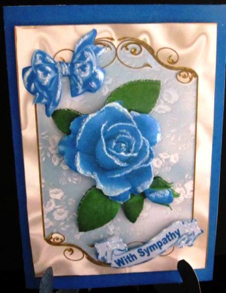 Painted Blue Rose in Ornate Frame with Bow by Margarette Blakeborough
