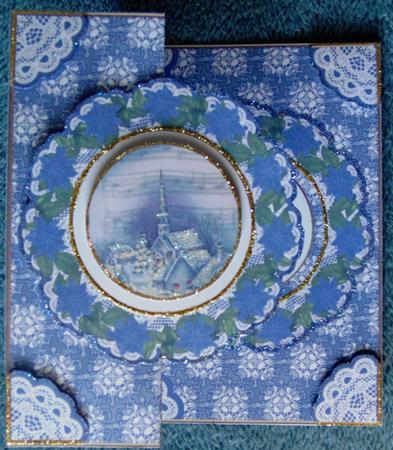 Blue Church Doily Faux Fold Back Card Mini Kit by Margarette Blakeborough
