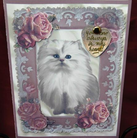 White Kitty with Romantic Gold Heart and Roses A4 by Margarette Blakeborough