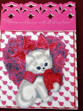 White Kitty on Roses Heart with Bow 8x8 by Margarette Blakeborough
