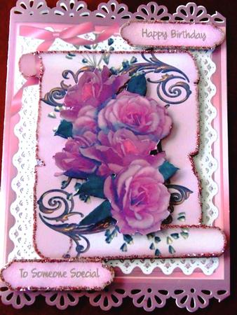 A5 Beautiful Pink Roses on Lace and a Scroll by Margarette Blakeborough