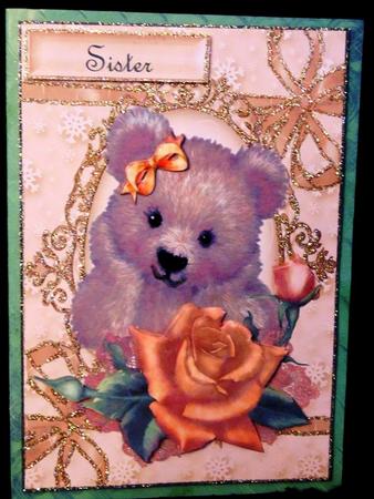 Fuzzy Bear with Pretty Gold Roses on Lace by Margarette Blakeborough