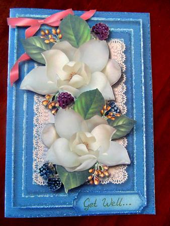Lovely Magnolias on Blue Sparkle Paper and Lace by Margarette Blakeborough