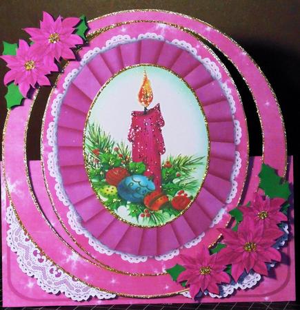 Christmas Candle Cerise Oval Over 3D Mini Card Kit by Margarette Blakeborough