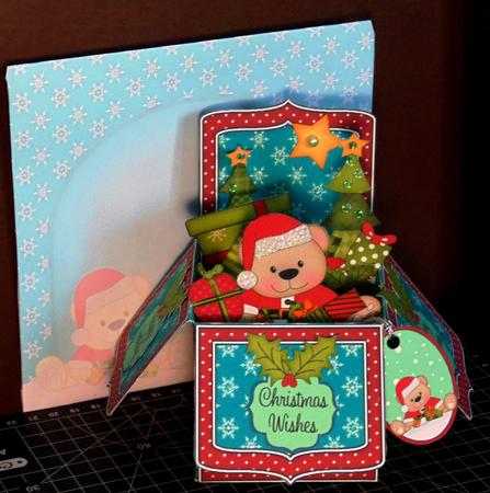 3D Xmas Livvy Bear Rubber Band Pop Up Box Card by Margarette Blakeborough