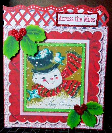 Jolly Snowman with Little Blue Birds in Lace Frame 8x8 by Margarette Blakeborough