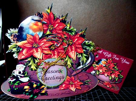 Tea Cup and Pointsettias Shaped Card Mini Kit by Margarette Blakeborough