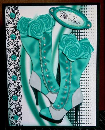 Turq Vintage Boots with Black Lace and Turq Roses by Margarette Blakeborough