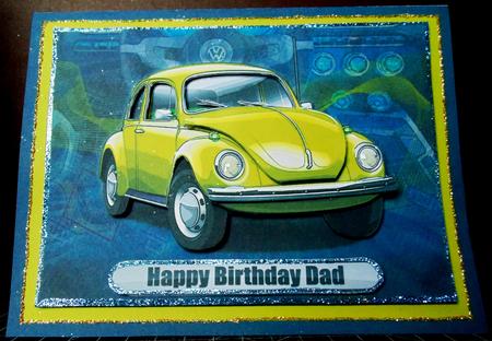 Happy Birthday Dad Volkswagen Beetle Classic Car Yellow by Margarette Blakeborough