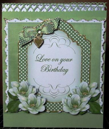 Olive Magnolia Love on Birthday Fancy 7in Decoupage Topper by Margarette Blakeborough