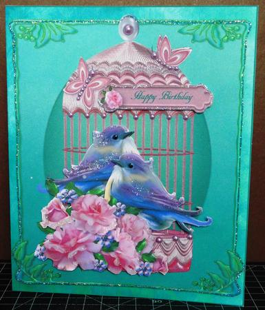 Twilight Love Birds with Pink Rose Decoupage Topper by Margarette Blakeborough