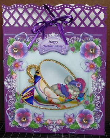 Teacup Pansy Mouse - 8" x 8" Card Topper by Margarette Blakeborough
