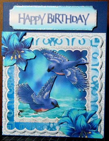 Pretty Blue Birds in Fantasy Scene with Tropical Flowers 8x8 by Margarette Blakeborough