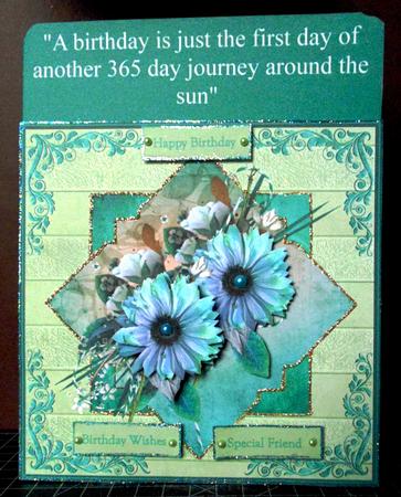 Diamond Blue Daisy Card with Decoupage and Sentiment Tags by Margarette Blakeborough