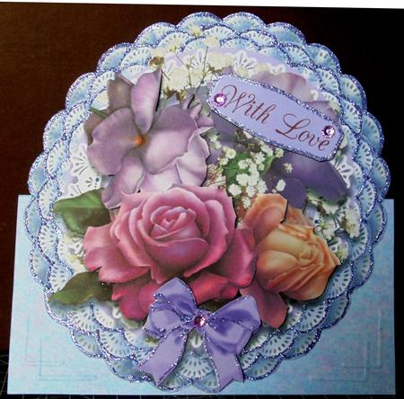 Beautiful Triple Frill Doilie with Lilac Roses  by Margarette Blakeborough