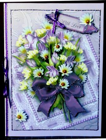 Lavender Roses on a Lace Mat A4 Card Front by Margarette Blakeborough