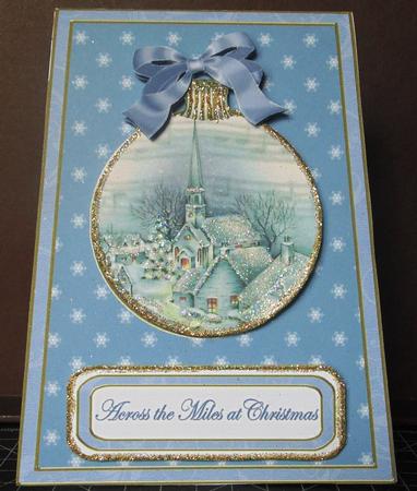 Blue Church Across Miles 5.5inch Bauble Decoupage Card by Margarette Blakeborough