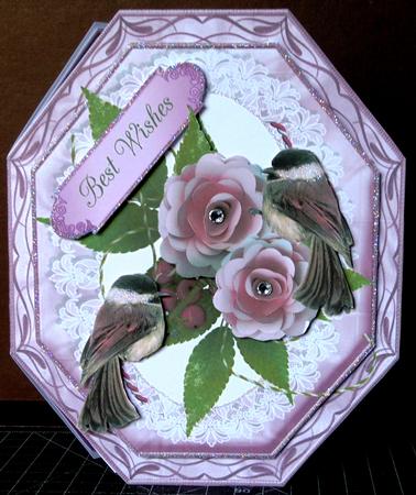 Lovely Octagon Quick Card with Pink Flowers and Birds by Margarette Blakeborough