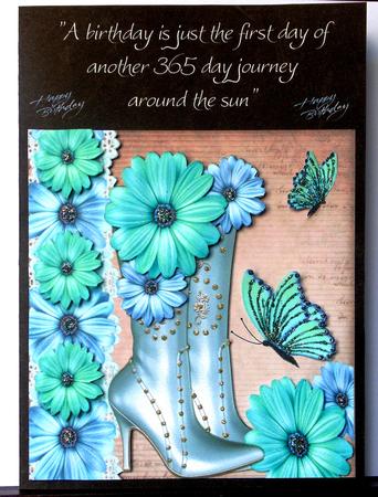 Pretty Blue and Turq Flowers with Boots and Butterflies 8x8 by Margarette Blakeborough