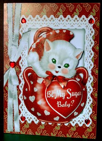 Be My Sugar Baby! Cute White Kitty in Sugar Pot with Bow by Margarette Blakeborough